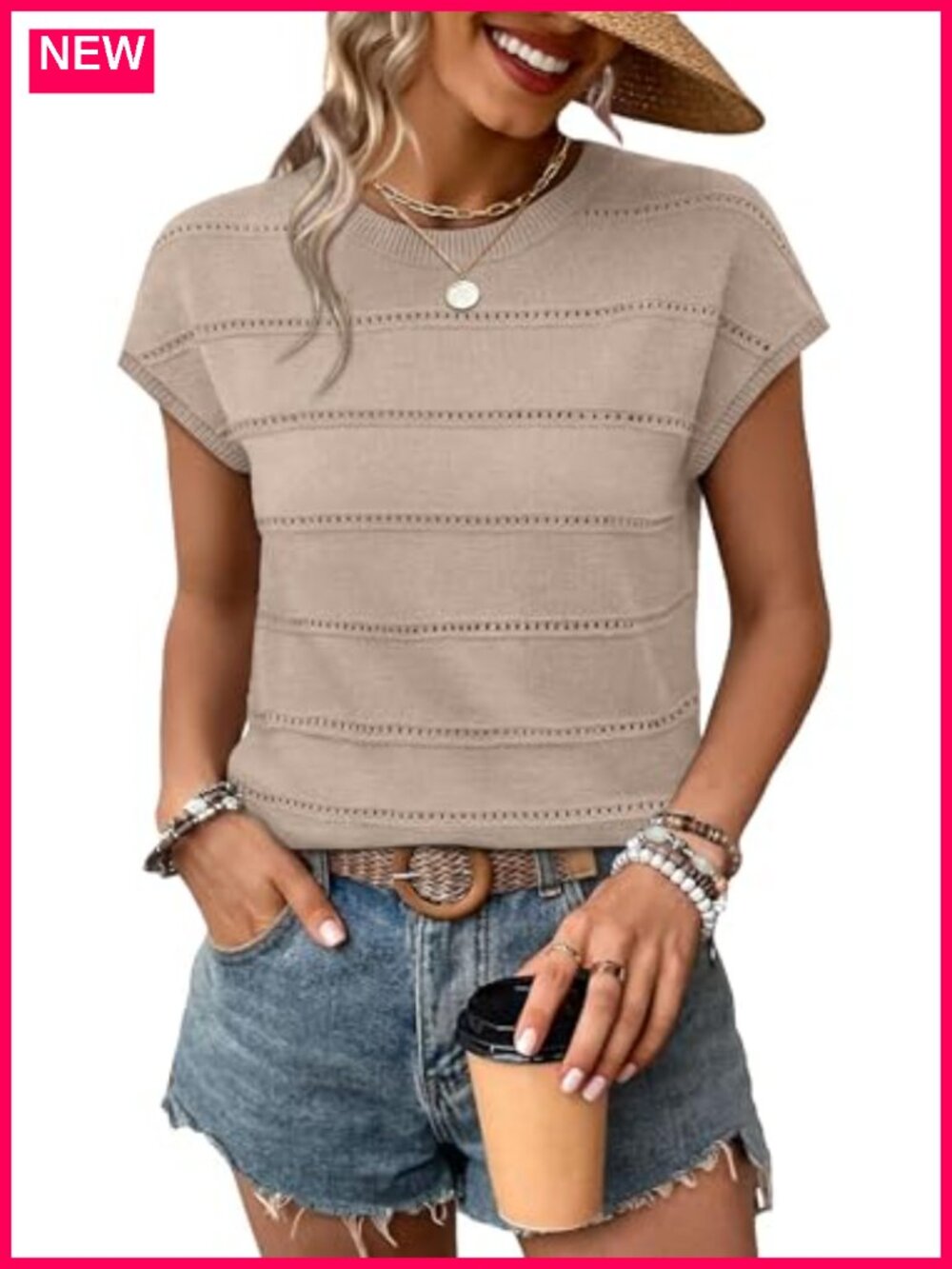 Womens Lightweight Knit Sweater Top Cap Sleeve Hollow Out Summer Layering